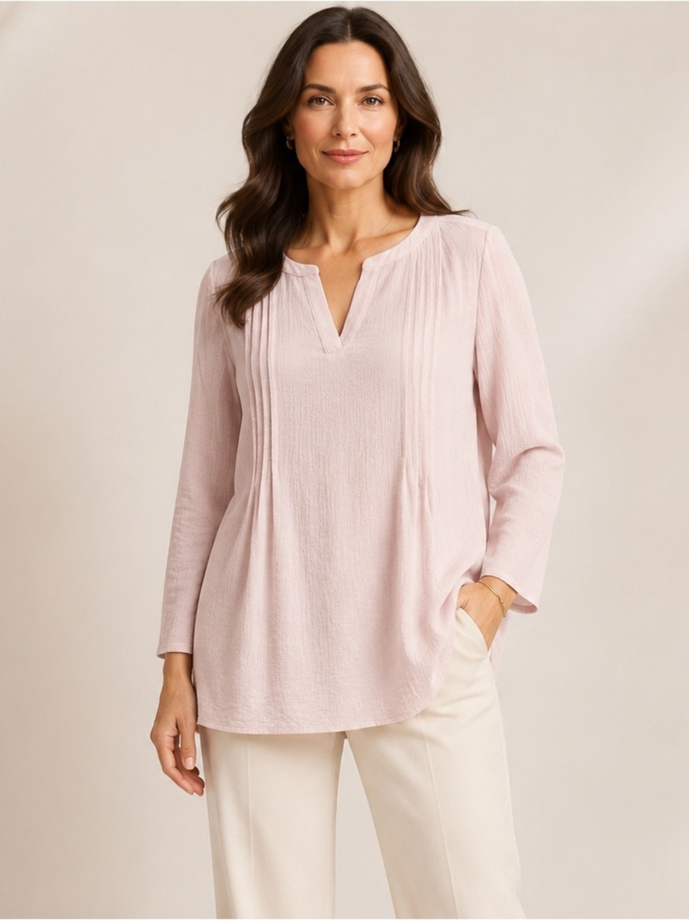 Chaus Pink Crinkle Pleated Split Neck Tunic Blouse Women’s M